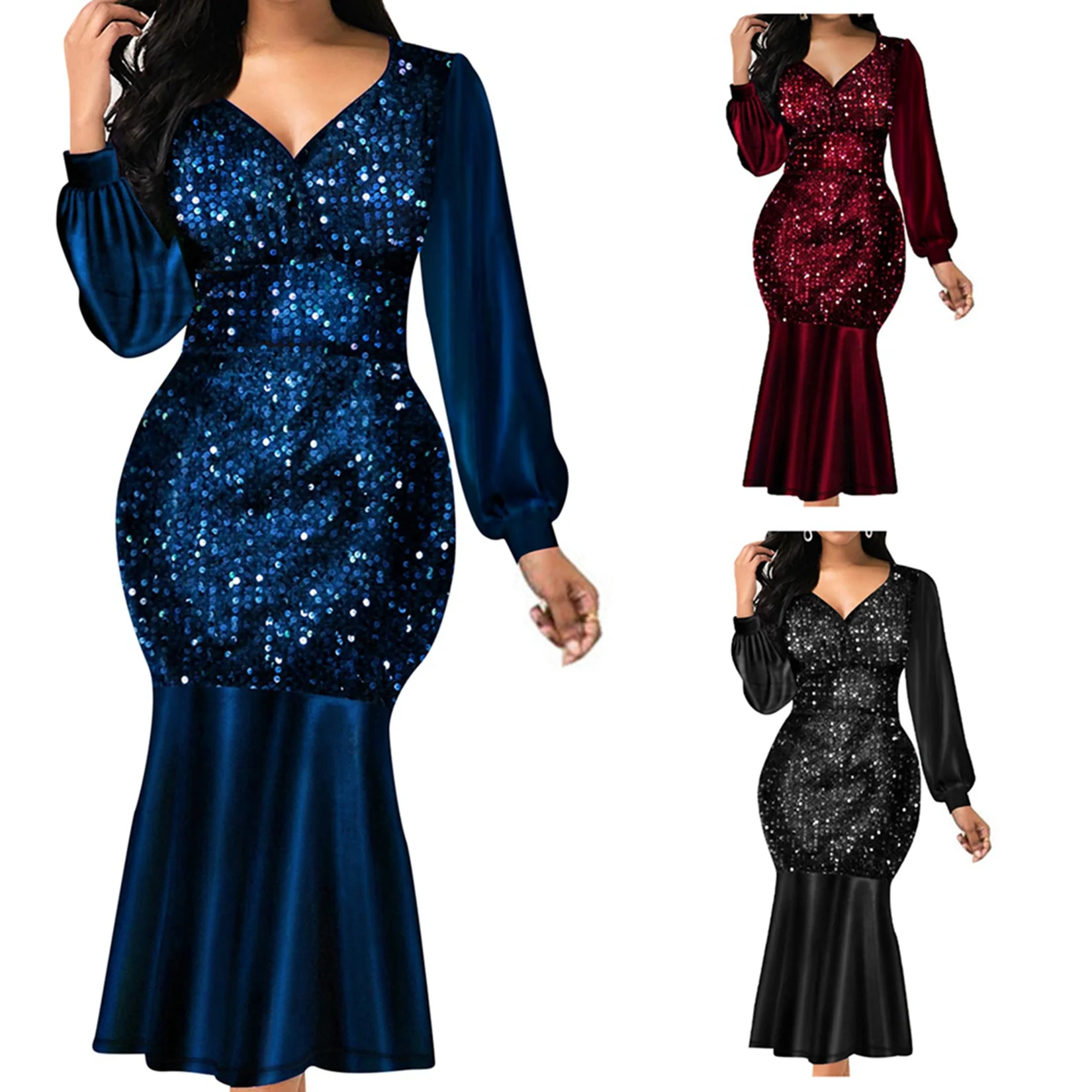 

Women Rhinestone Evening Dress Lantern Sleeve Elegant Mermaid Midi Dress for Cocktail Party