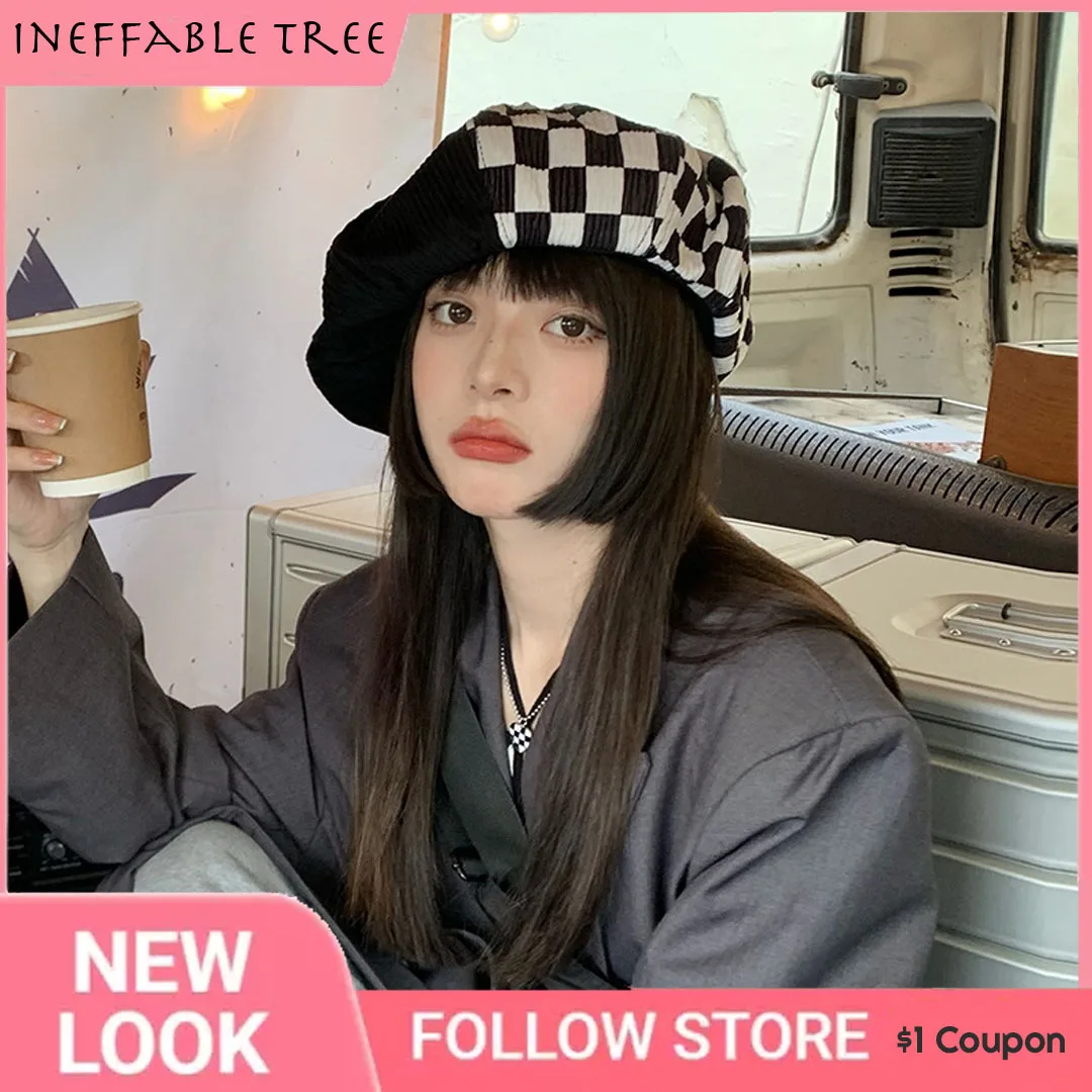 

French Female Hats Black White Check Beret Knitted Acrylic Plaid Berets Luxury Mushroom Hat Woman Fashion Cap Design Wholesale