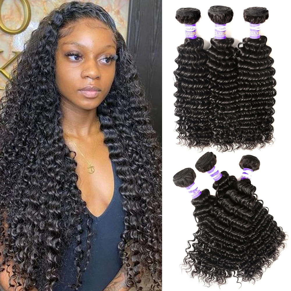 

Wholesale Peruvian Deep Wave Human Hair Bundles Deep Curly Hair Weave Bundles Weft Hair Extensions 1/3/4 Bundles