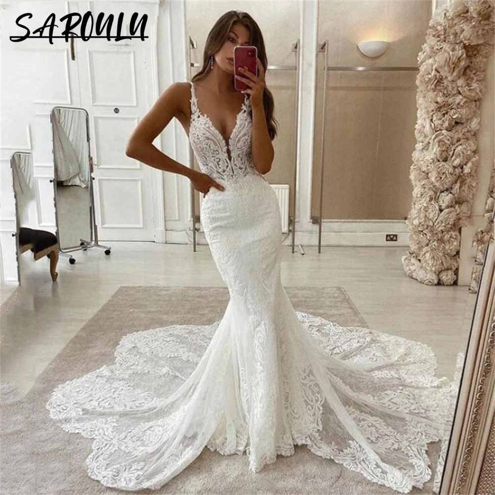 

Sexy Backless Lace Wedding Gown Spaghetti Straps Mermaid Long Tail Bride Dresses Bridal Robe For Women Custom Made Sleevelss