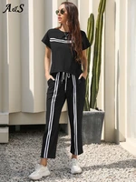 two pieces set womens outfits striped spliced tracksuit summer short sleeve t shirts and long pant set high waist sports suit
