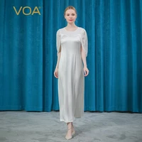 voa summer silk o neck maxi dresses new year white dress elegant embroidered flares silky solid banquet party long dress ae867