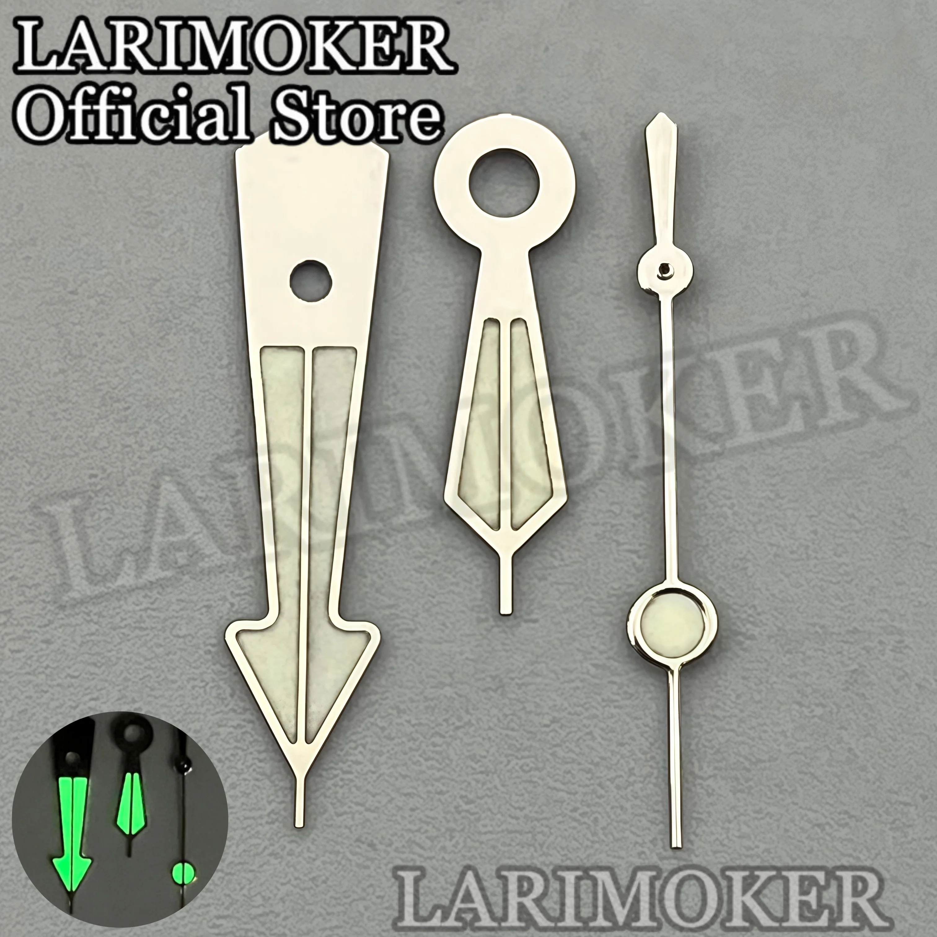 Фото Стрелки для часов LARIMOKER 12 мм x 11,3 мм x 8,5 мм, серебристо-золотистые, с зеленым люминесцентным покрытием, для механизмов NH34, NH35, PT5000, аксессуары для часов, подходят для циферблата 29 мм. №2
