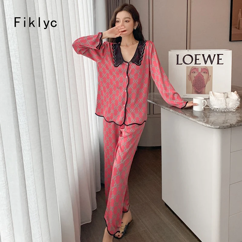 

Fiklyc Turn Down French Collar Round Neck Women Letter Cross Printed Floral Ice Silk Pajamas Sets Luxury Female Sexy Nightdress