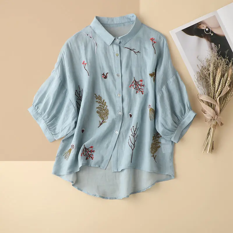 

Elegant Short Sleeve Blouse Women's Loose Vintage Shirt Turndown Collar Three Quarter Sleeve Shirts Summer Embroidery Tops