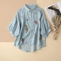 elegant short sleeve blouse womens loose vintage shirt turndown collar three quarter sleeve shirts summer embroidery tops