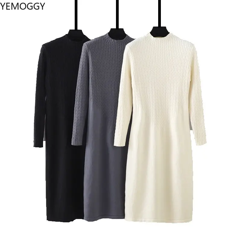 

Women's Sweater Dresses for Winter Basic Twist Knitted Dress Casual Loose Mock Neck Full Sleeve Solid Midi Bottoming Dresses