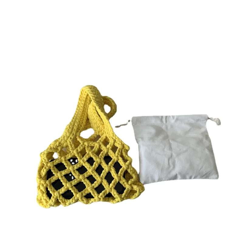 Sumemr Cotton Rope Woven Mini  Handbag 2pcs/set Mesh Hollow Out Design Women Bright Colour Bucket Bag Bohemian Beach Bag Female