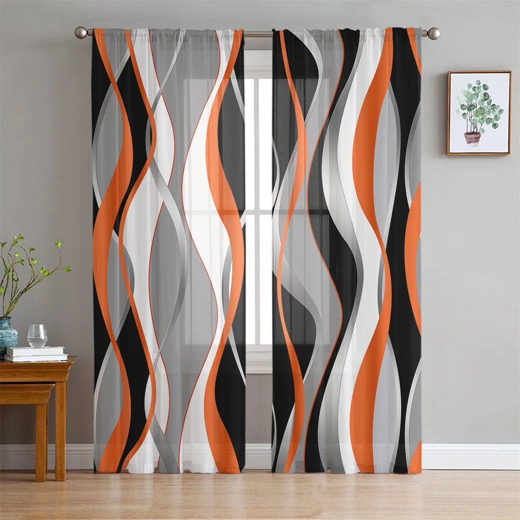 

Luxury Ripple Abstract Lines Orange Tulle Window Drapes Blinds Curtains for Bedroom Kitchen Kids Living Room Door Sheer 2Pieces