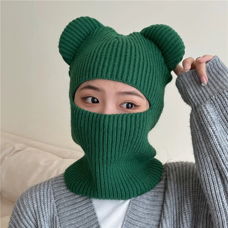 

Autumn New Knitted Hat Pullover Cap Bear Ears Outdoor Winter Warm Riding Windproof Integrated Scarf Beanie Hats