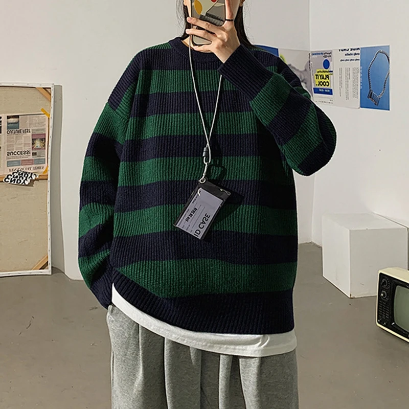 

Свитер женский оверсайз в полоску, Повседневный пуловер с длинным рукавом и круглым вырезом, джемпер, вязаная винтажная уличная одежда в ст...
