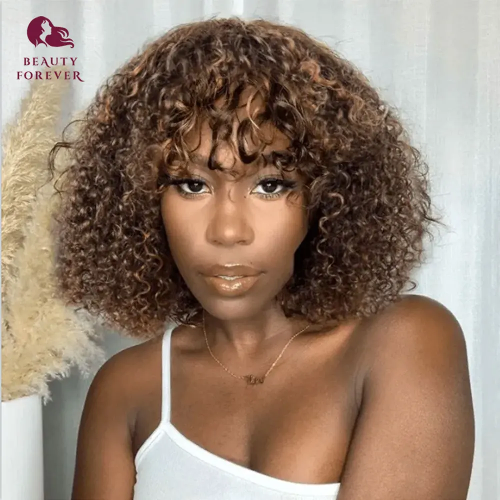Beauty Forever Highlight Short Bob Human Hair Wig With Bang Deep Wave Brown With Blonde Highlight Messy Curls Machine Made Wigs