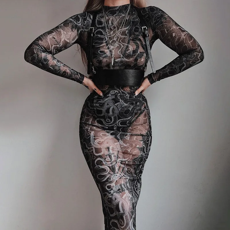 

2023 New European and American Style Design Sense Semi transparent Spicy Girl Slim Fit Snake Print Dress for Women
