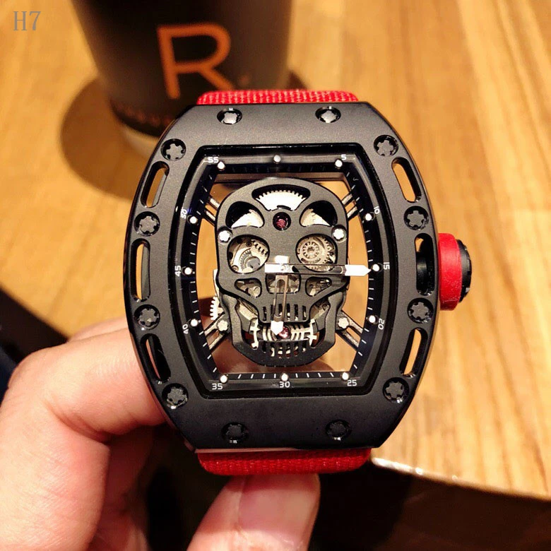

Men Automatic Mechanical Canvas Red Leather Skull 3D Scrub WATCH