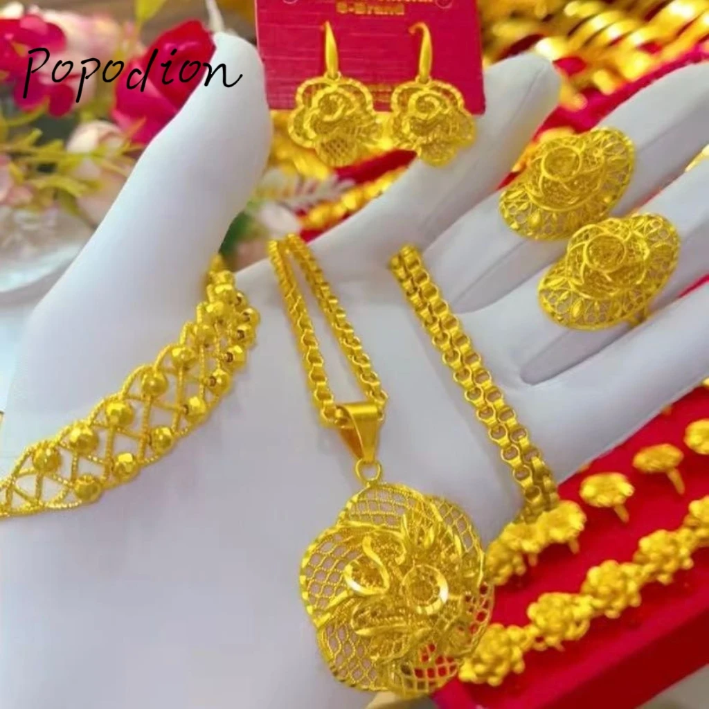 Женское ожерелье кольцо и браслет из Дубая с покрытием 24-каратным золотом