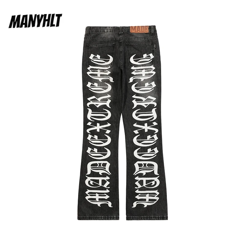 

Back Full Letter Print Retro Patchwork Black Jeans Pants For Men Women Straight Washed Ripped Casual Oversized Denim Trousers