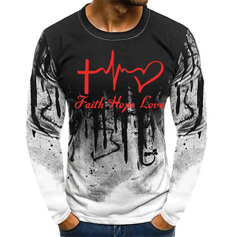 Faith Hope Love Painting Pattern T-Shirt For Men Fashion 3D Printed T Shirts Autumn Casual Loose O-Neck Tops Tees Long Sleeves