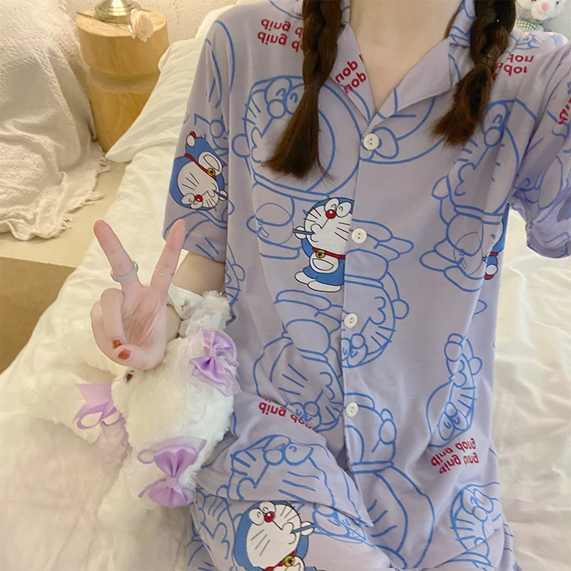 

Женские пижамы в стиле Харадзюку, летняя одежда для сна с коротким рукавом, комплект домашней одежды из 2 предметов для девочек, Корейская од...