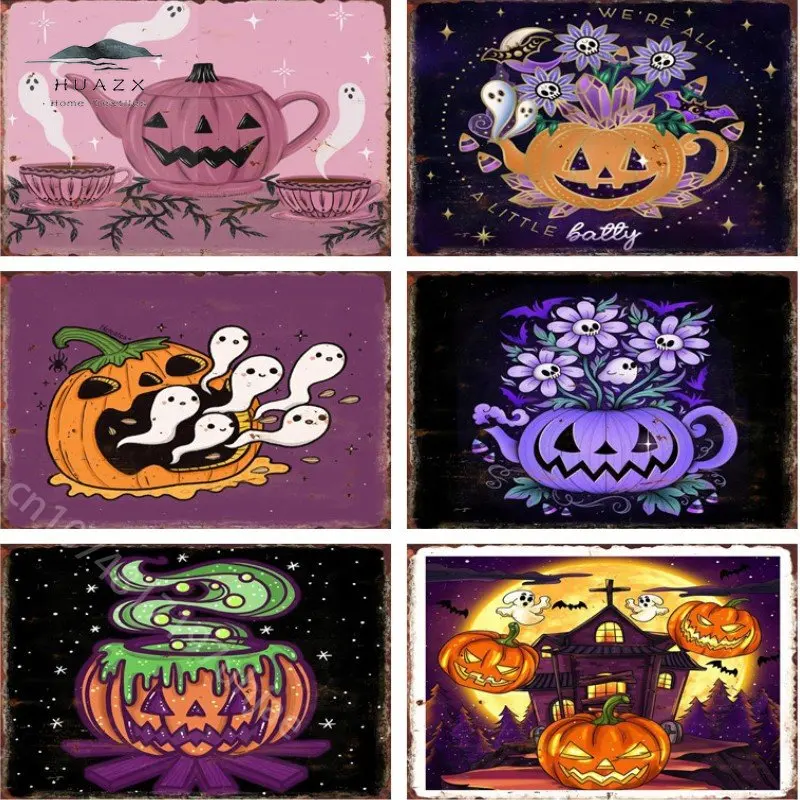 

Halloween Pumpkin Lamp Metal Tin Sign Home Wall Decor Poster Retro Shop Door Plaques Living Room Man Cave Bar Pub Iron Pictures