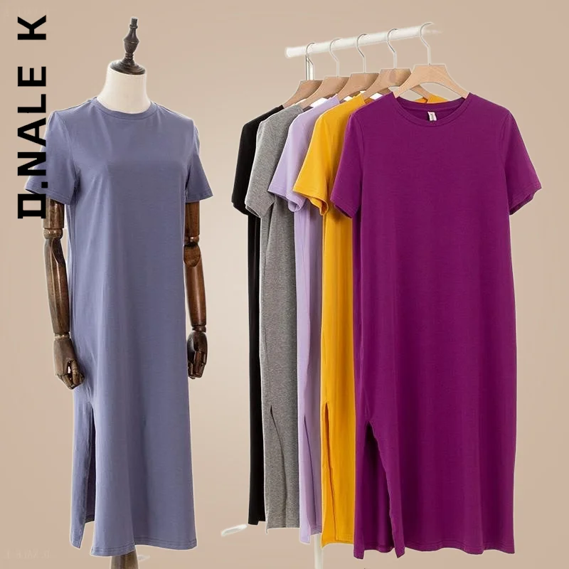 

D.Nale K Casual Cotton Summer Women's Dresses Solid Short Sleeve Spilt Long Midi Dress Fashion Sundress Female Clothing