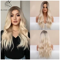 blonde unicorn synthetic wig ombre brown to platinum long wigs middle part hair wig daily wavy heat resistant fiber for women