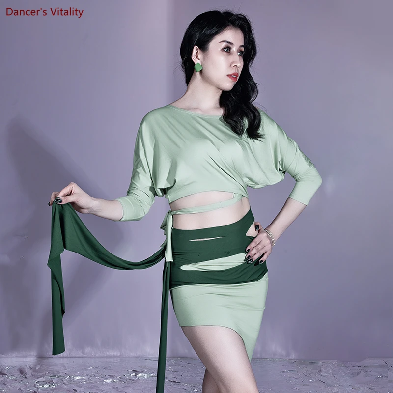

Belly Dance Practice Suit Set for Women Belly Dancing Performance Top+short Skirt 2pcs Oriental Dance Suit Split Bandage Skirt