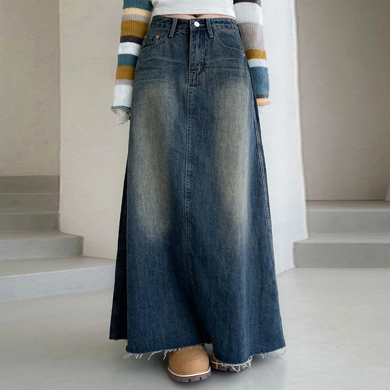 

Винтажная женская джинсовая юбка Y2K, выбеленная, состаренная, длинная, уличная одежда, трапециевидная, Повседневная Макси-юбка