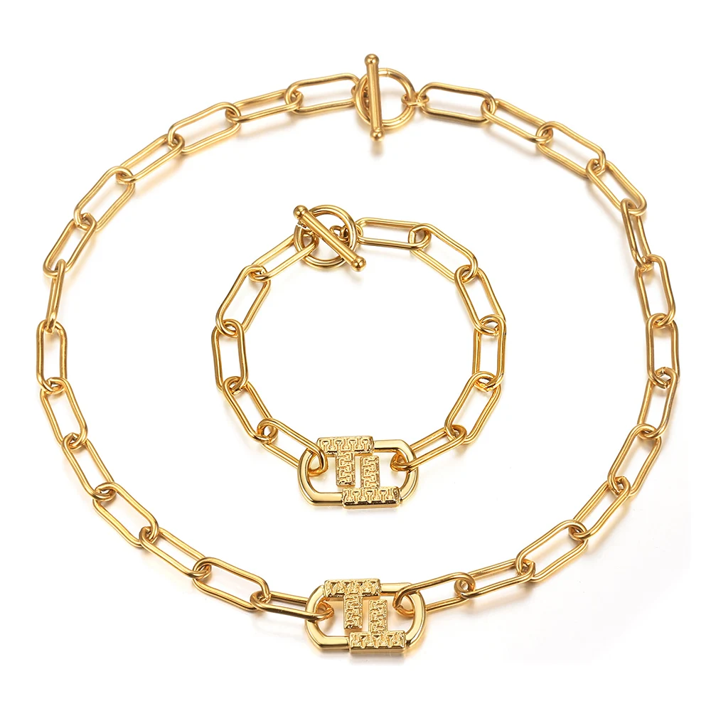 

Gold Color Paperclip Chain Necklace Bracelet Set For Women Girls Tone Stainless Steel Double T Shaped Charm DS28