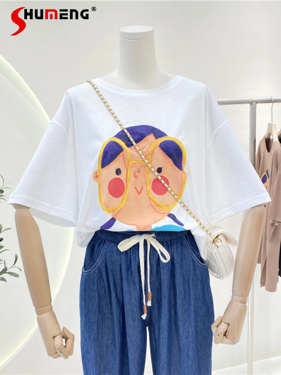

European 2022 Summer New Fashion Loose Large Cartoon Girl Mid-Length Top Tees Women's Casual Split O-neck Short Sleeve T-shirt