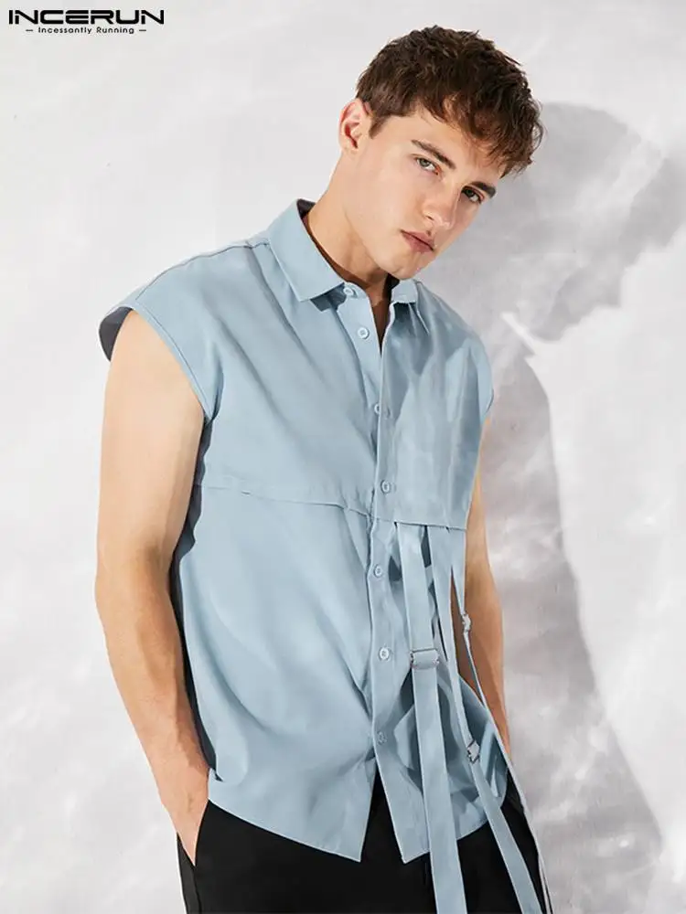 

INCERUN Summer Men Shirt Brand Streetwear Solid Color Lapel Sleeveless 2022 Button Stylish Camisas Casual Irregular Shirts 5XL 7