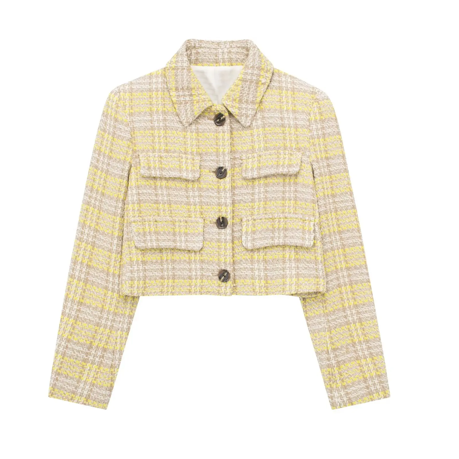 

PB&ZA Women 2023 New Fashion Textured Short Paragraph Blazer Coat Vintage Long Sleeve Pockets Female Outerwear Chic Veste