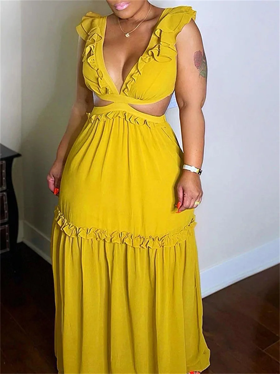 

Элегантное женское длинное платье с пышными оборками без рукавов, с V-образным вырезом и открытой спиной, с завязкой и вырезами, летнее модное праздничное пляжное платье