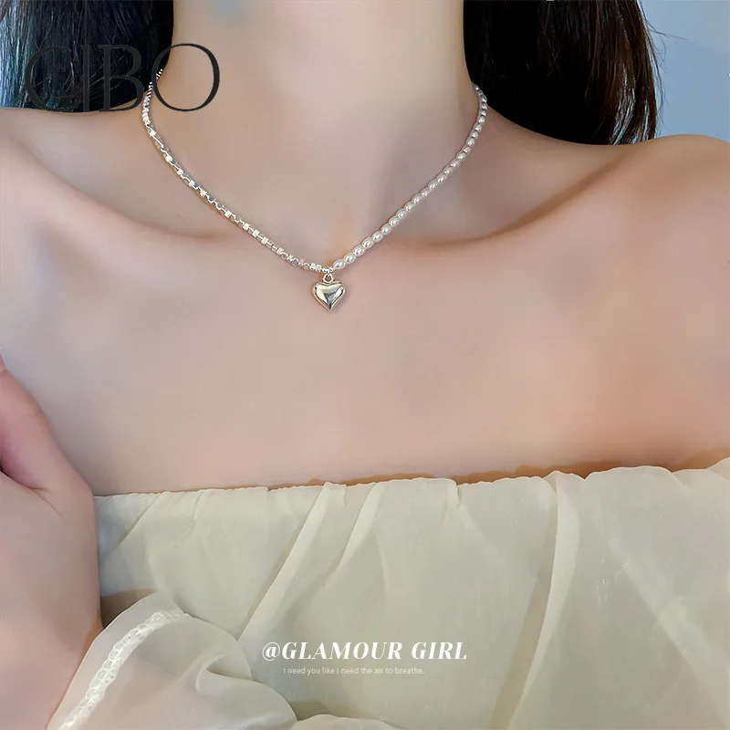 

National Tide Retro Love Pearl Stitching Necklace Double-layer Fashion Temperament Clavicle Chain Necklace Necklace for Women