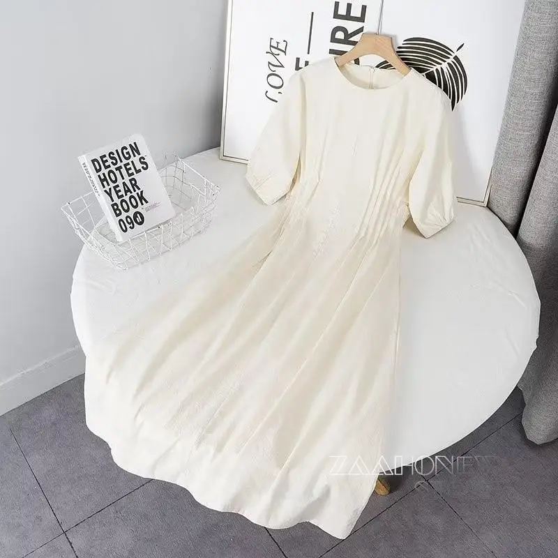 

ZAAHONEW 2023 женское модное винтажное Белое платье миди с круглым вырезом Женские однотонные элегантные женские платья с высокой талией