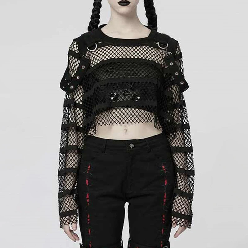 

Goth Dark Punk Fishnet Patchwok Women T-shirts Mall Gothic Transprent Sexy Crop Tops Grunge Aesthetic Streetwear Emo Alt Clothes