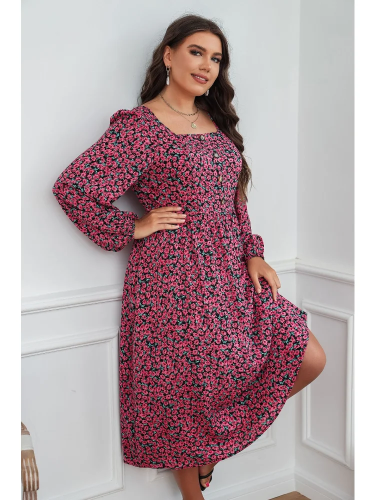 Summer New Women's Square Neck Large Print Dress plus size feminino  vestidos para casamento convidados