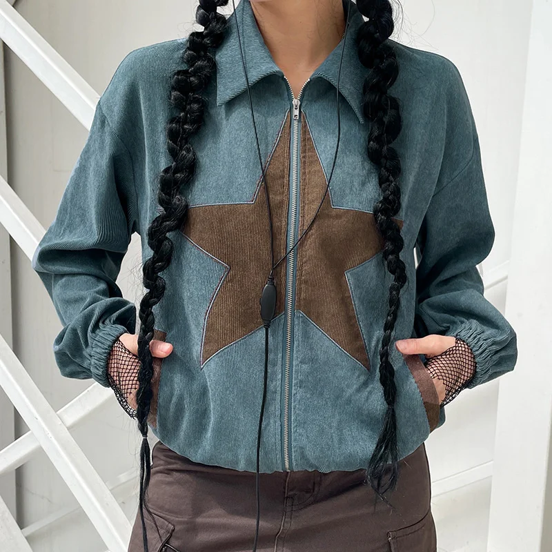 

Vintage green star embroidered corduroy coat women's 2022 new American zipper lapel casual top