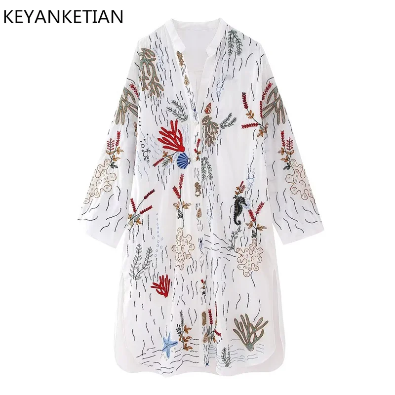 

KEYANKETIAN Spring New Flower Embroidery Long Shirt Women's Holiday Style V-Neck Single Breasted Loose Shirt-Style Dress