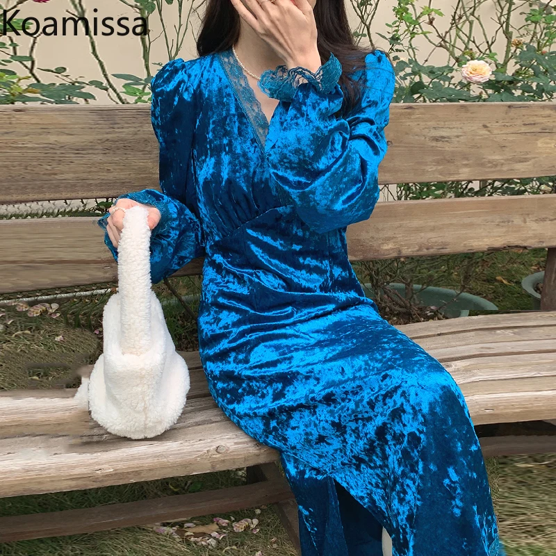 

Женское кружевное платье макси Koamissa, с длинным рукавом и V-образным вырезом, однотонное облегающее платье для вечерние