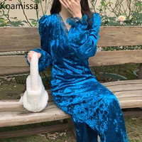 koamissa elegant lace women solid maxi dress long sleeves v neck bodycon party dresses lady chic solid vestidos wholesale robe