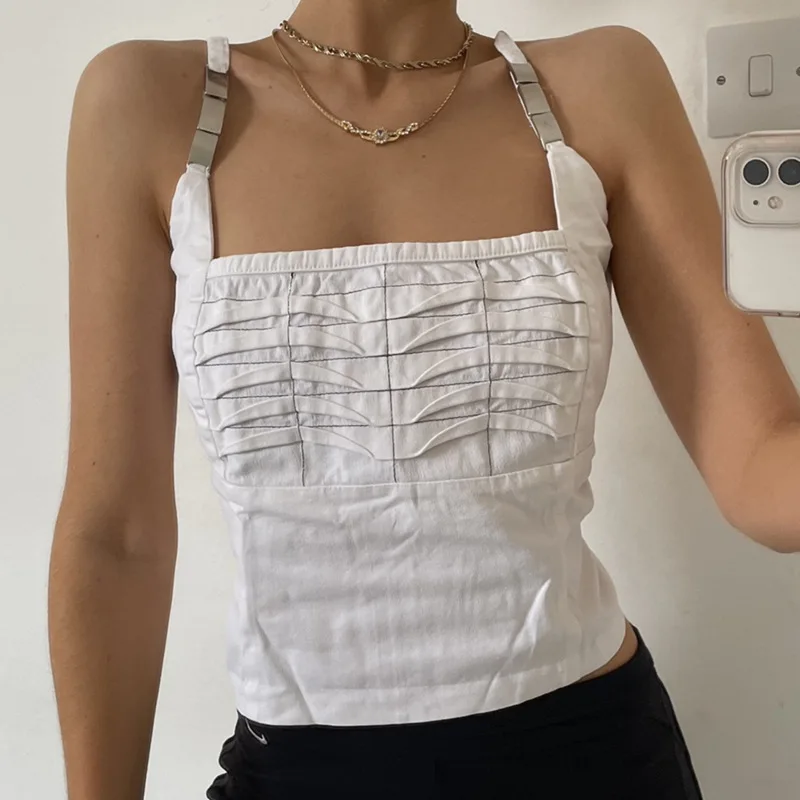 

New Summer Women's Sexy European and American Word Y2k Top Camisole Square Neck Fold Metal Decoration Cute Halter Tops Women