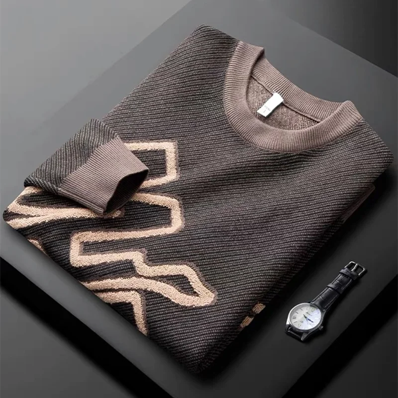 

High end luxury letter jacquard round neck sweater men's autumn and winter new Korean fashion casual warm knit Pullover men