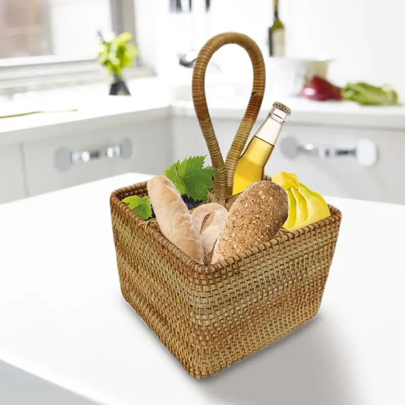 

Wicker Storage Basket - Square Hand Woven Baskets With Long Handle 4 Compartments Picnic Box Eggs Candy Basket Wedding Flower Gi