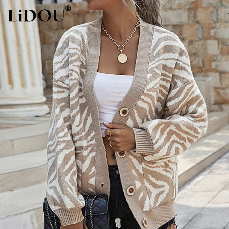 

Женский винтажный жаккардовый кардиган, повседневный вязаный жаккардовый кардиган свободного покроя с леопардовым принтом, универсальная...