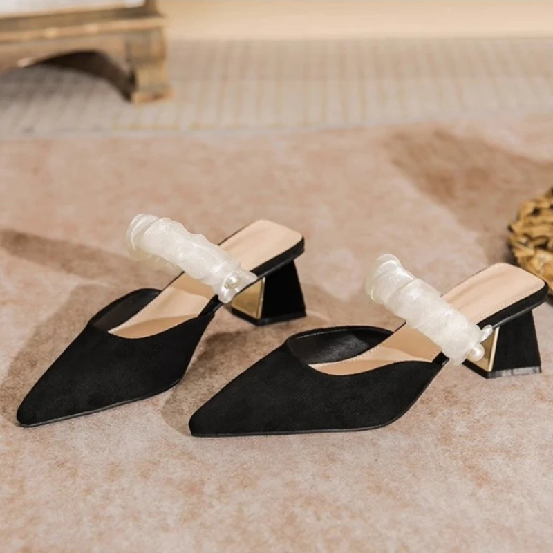 

Туфли-лодочки женские на высоком каблуке, пикантные сандалии, толстая подошва, без задника, летняя обувь для свадьбы, черные