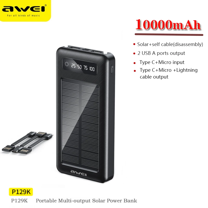 

Awei P129K Solar Power Bank With Cable 10000mAh Portable External Battery Powerbank Solar Charger for Xiaomi Samsung iPhone