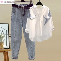 korean style elegant womens pants set loose casual chiffon shirt pierced jeans two piece set outfits female blouse tracksuit