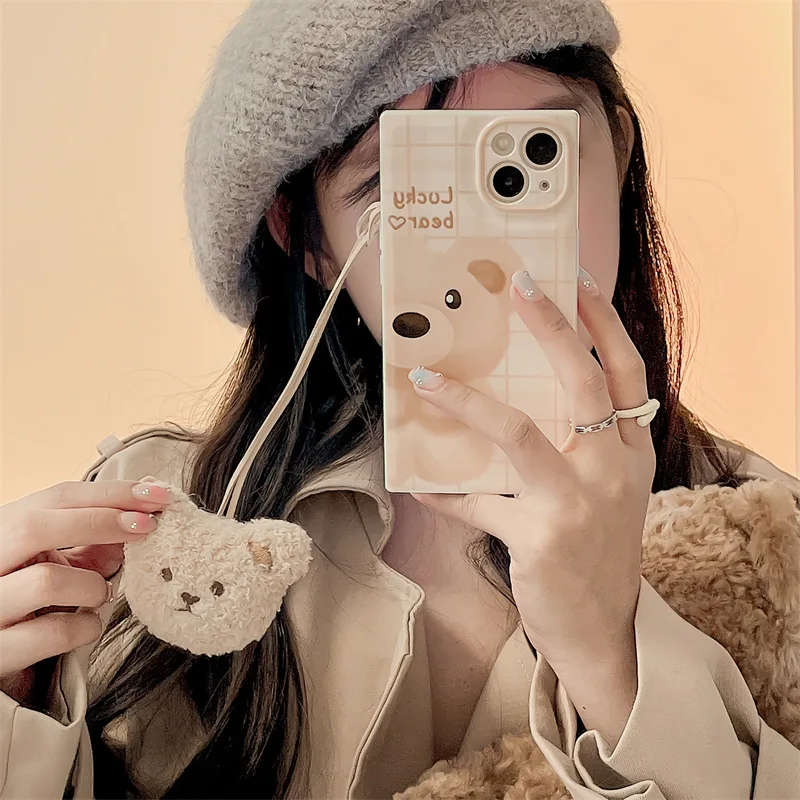 

Cute Cartoon Little Brown Bear Mobile Phone Case For IPhone11 12 13 14 Pro Max Plus Plush Plush Small Brown Bear Pendant