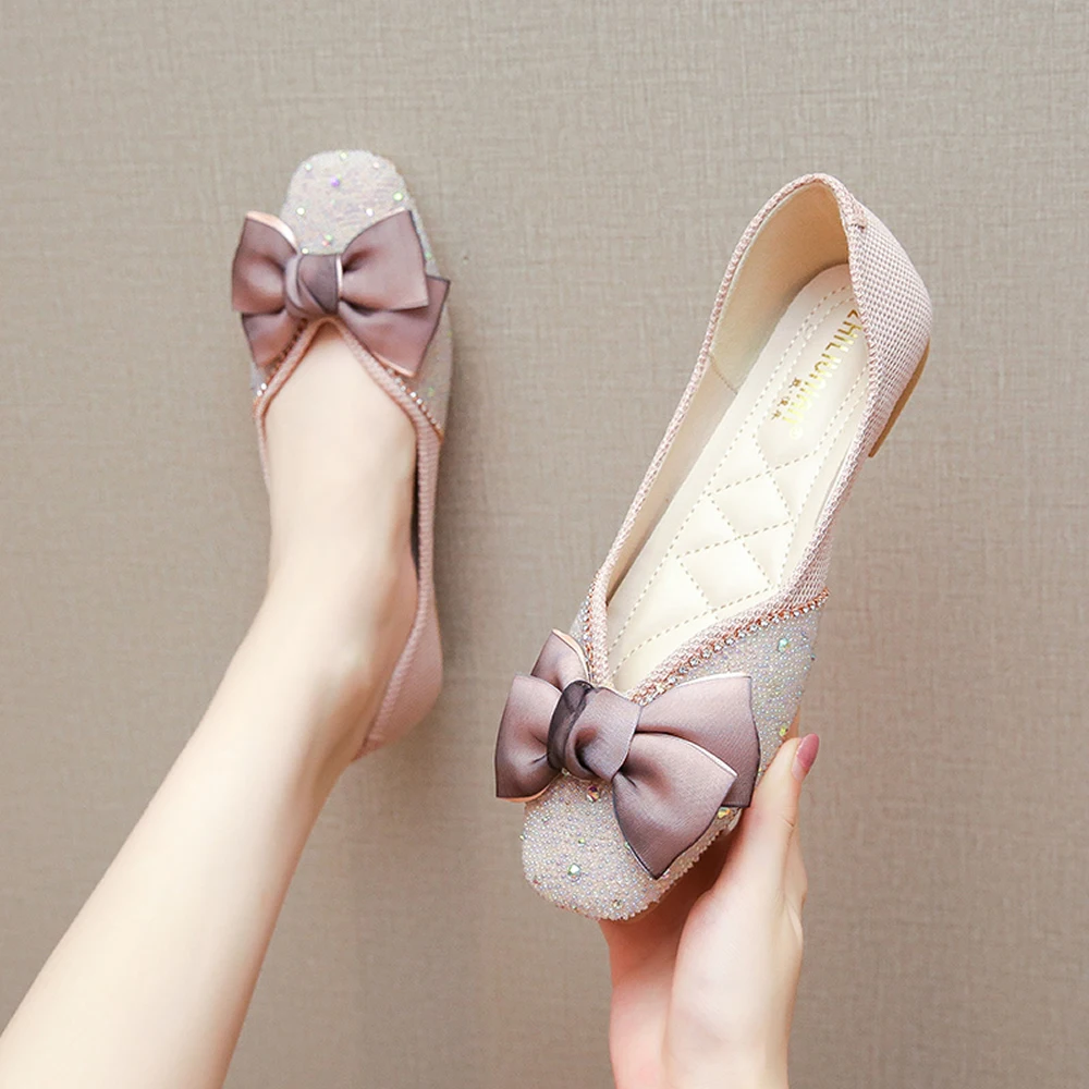 Flat single shoes female spring 2023 new bow gentle shallow mouth ladle shoes all match soft sole bean shoes