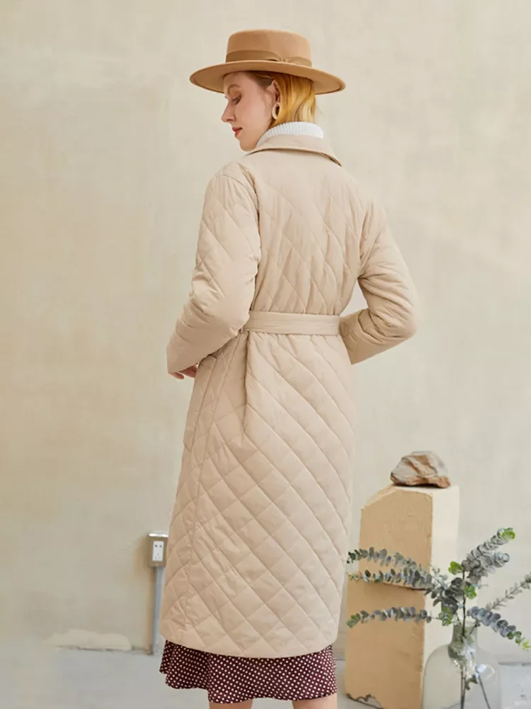 New2022 Fashion female winter windproof jacket  Casual sashes women winter parka Long straight coat with rhombus pattern 2020
